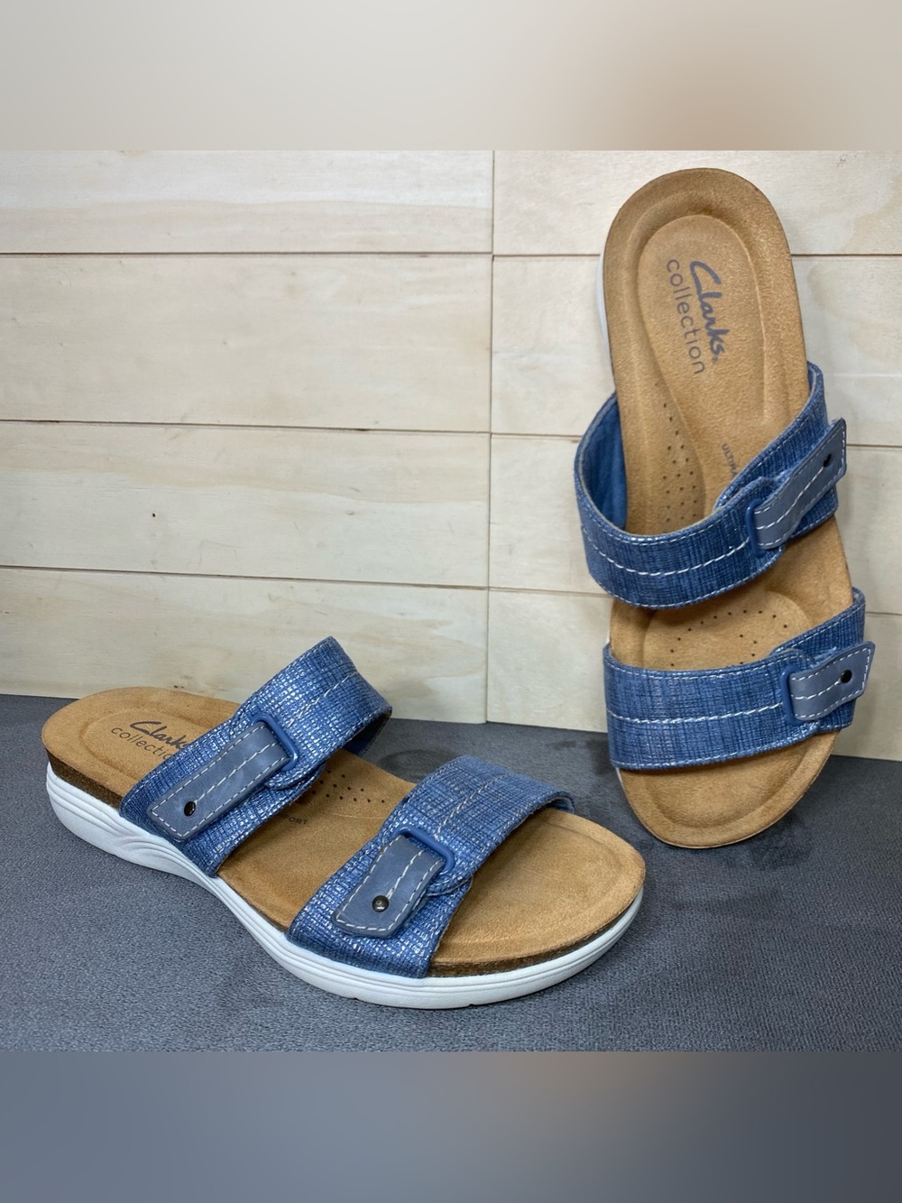 Clarks April Dusk Slide Sandals Women's Size 7.5 N Shoes Blue Silver Slip-Ons - Picture 11 of 11